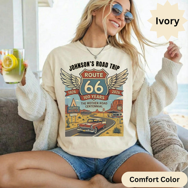 Custom text Route 66 T-Shirts Sweatshirt: Centennial Road Trip, Vintage Car, Personalized Name