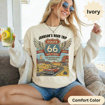 Custom text Route 66 T-Shirts Sweatshirt: Centennial Road Trip, Vintage Car, Personalized Name