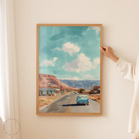 Route 66 Watercolor Travel Poster, Classic American Road Trip Landscape Print