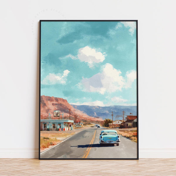 Route 66 Watercolor Travel Poster, Classic American Road Trip Landscape Print