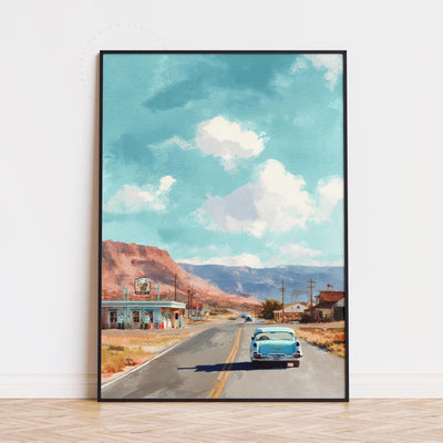 Route 66 Watercolor Travel Poster, Classic American Road Trip Landscape Print