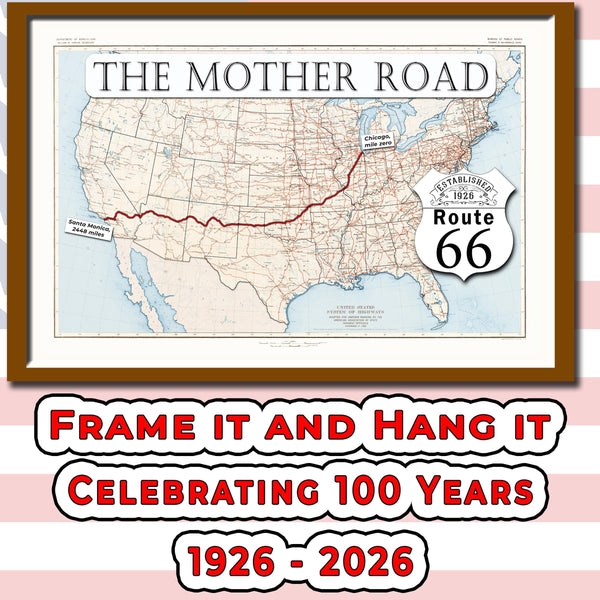 1926 Route 66 map with blue water printable wall art (instant download)