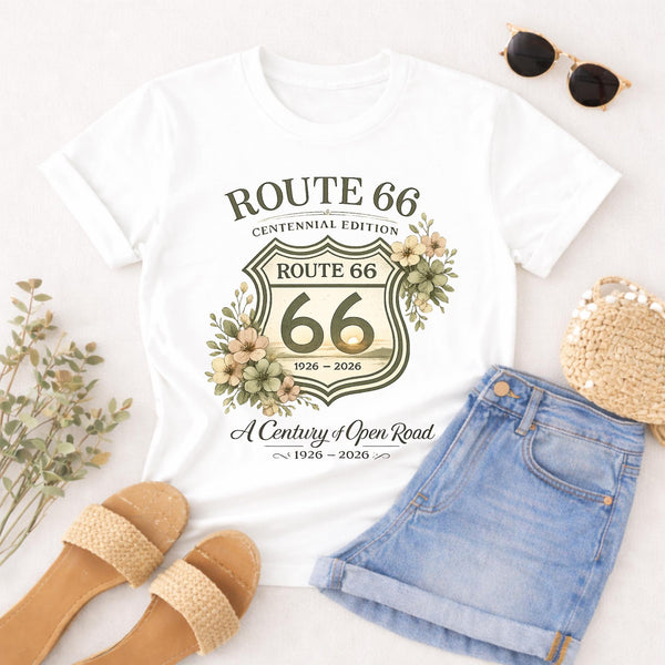 Route 66 Centennial Shield 1926 2026 Floral T-Shirt Anniversary Road Trip Tee