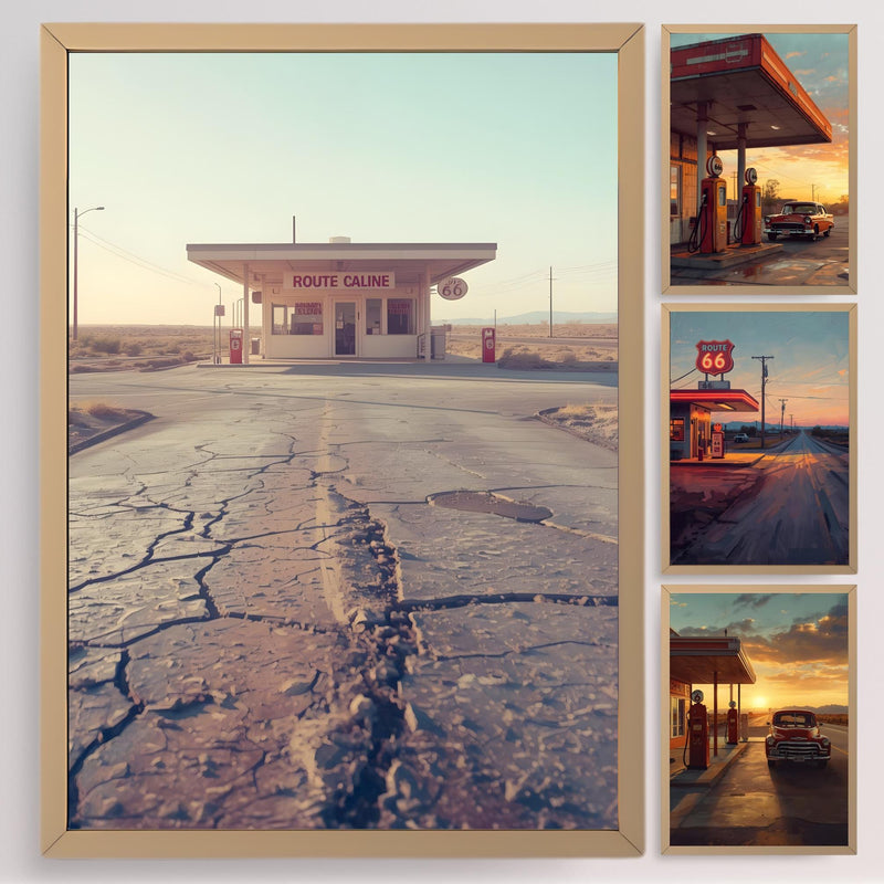 Route 66 Gas Station Poster Retro Oil Painting Americana 4 Wall Art Home Decor