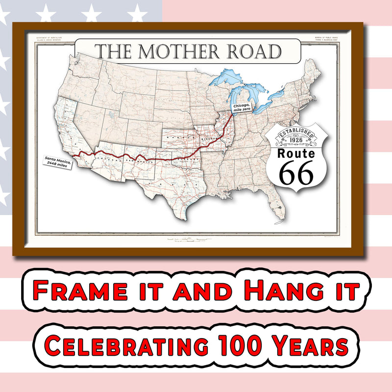 Route 66 map on Lower 48, 100 years and counting (instant download)