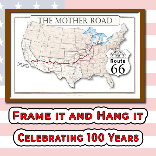 Route 66 map on Lower 48, 100 years and counting (instant download)