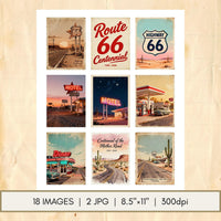 Route 66 100th Printable Journal Cards – Retro Americana Scrapbooking Ephemera – Road Trip Collage, Junk Journal, Instant Download JPG