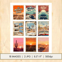 Route 66 100th Printable Journal Cards – Retro Americana Scrapbooking Ephemera – Road Trip Collage, Junk Journal, Instant Download JPG