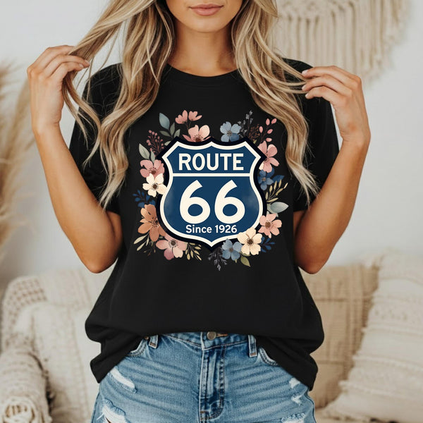 Route 66 Floral Shield T-Shirt Vintage Highway Sign Tee Road Trip Gift for her