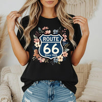 Route 66 Floral Shield T-Shirt Vintage Highway Sign Tee Road Trip Gift for her