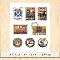 Route 66 Centennial Stamp Printable Bundle – Vintage Retro Americana Postage Ephemera – Junk Journal, Scrapbooking, Instant Download JPG