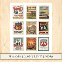 Route 66 Centennial Stamp Printable Bundle – Vintage Retro Americana Postage Ephemera – Junk Journal, Scrapbooking, Instant Download JPG