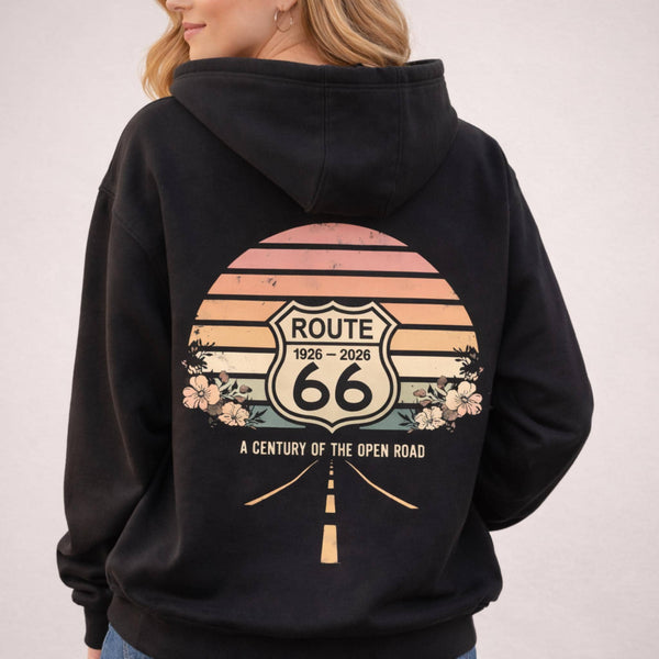 Route 66 100 Year Anniversary Hoodie Floral Retro Sunset Womens Hooded Sweatshirt 1926 2026 Open Road Design