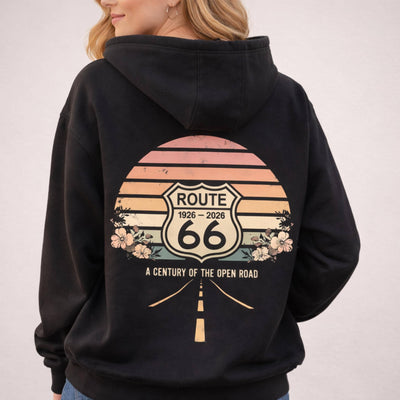 Route 66 100 Year Anniversary Hoodie Floral Retro Sunset Womens Hooded Sweatshirt 1926 2026 Open Road Design