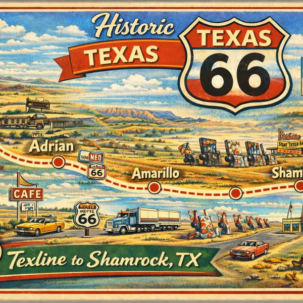Route 66 travel map digital print through Texas from Texline to Shammrock