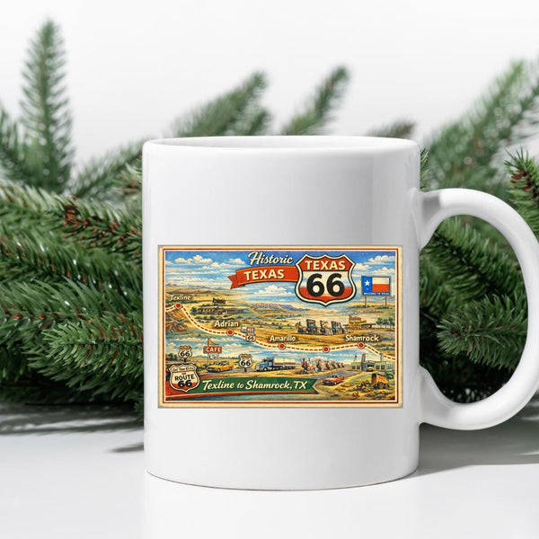 Route 66 travel map digital print through Texas from Texline to Shammrock
