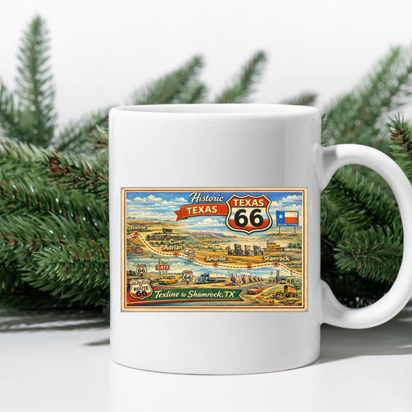 Route 66 travel map digital print through Texas from Texline to Shammrock