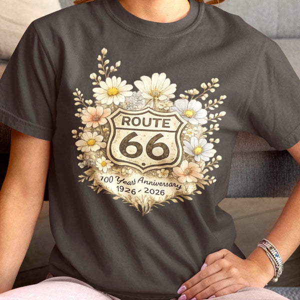 Route 66 Floral Shield 100 Years Anniversary T-Shirt, 1926-2026 Mother Road Centennial Tee, Vintage Retro Highway Travel Sweatshirt