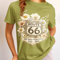 Route 66 Floral Shield 100 Years Anniversary T-Shirt, 1926-2026 Mother Road Centennial Tee, Vintage Retro Highway Travel Sweatshirt