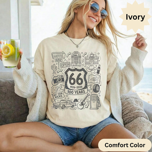 Route 66 100 Years T-Shirts Sweatshirt Vintage Americana Road Trip Doodle Design