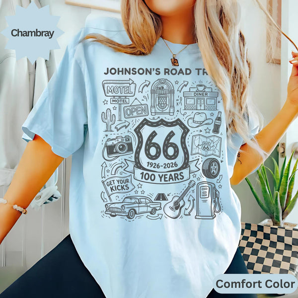 Personalized name Route 66 T-Shirts Sweatshirt: Vintage American Road Trip, Centennial Anniversary Design