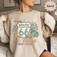 Route 66 100 Years 1926-2026 T-Shirts Sweatshirt, Vintage Car Road Trip Design, Desert Flowers Cactus, Historic US Highway, Retro Travel