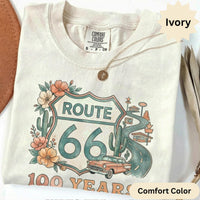 Route 66 100 Years 1926-2026 T-Shirts Sweatshirt, Vintage Car Road Trip Design, Desert Flowers Cactus, Historic US Highway, Retro Travel
