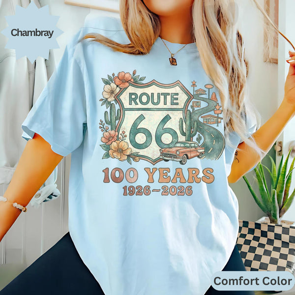 Route 66 100 Years 1926-2026 T-Shirts Sweatshirt, Vintage Car Road Trip Design, Desert Flowers Cactus, Historic US Highway, Retro Travel