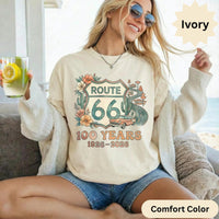 Route 66 100 Years 1926-2026 T-Shirts Sweatshirt, Vintage Car Road Trip Design, Desert Flowers Cactus, Historic US Highway, Retro Travel