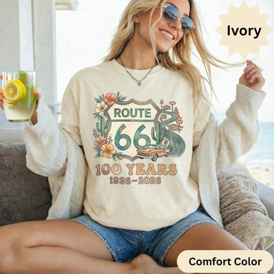 Route 66 100 Years 1926-2026 T-Shirts Sweatshirt, Vintage Car Road Trip Design, Desert Flowers Cactus, Historic US Highway, Retro Travel