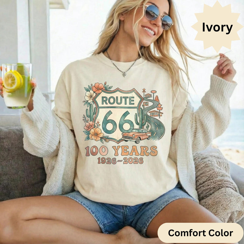 Route 66 100 Years 1926-2026 T-Shirts Sweatshirt, Vintage Car Road Trip Design, Desert Flowers Cactus, Historic US Highway, Retro Travel