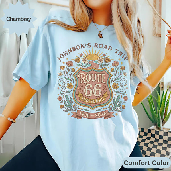 Custom text Route 66 T-Shirts Sweatshirt: Custom Road Trip, Vintage 100 Year Anniversary, Personalized Desert Design