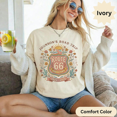 Custom text Route 66 T-Shirts Sweatshirt: Custom Road Trip, Vintage 100 Year Anniversary, Personalized Desert Design