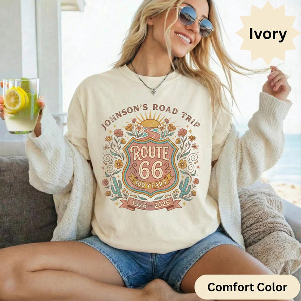 Custom text Route 66 T-Shirts Sweatshirt: Custom Road Trip, Vintage 100 Year Anniversary, Personalized Desert Design