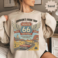 Custom text Route 66 T-Shirts Sweatshirt: Centennial Road Trip, Vintage Car, Personalized Name