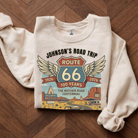 Custom text Route 66 T-Shirts Sweatshirt: Centennial Road Trip, Vintage Car, Personalized Name
