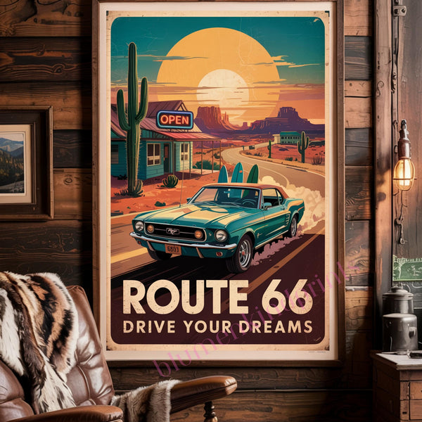 Route 66 Vintage Poster PDF + JPG | Retro Americana Roadtrip Wall Art | Oldtimer Car Sunset Sunset Desert Cactus Deko Digital Download