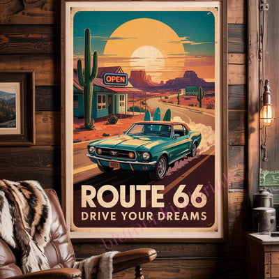 Route 66 Vintage Poster PDF + JPG | Retro Americana Roadtrip Wall Art | Oldtimer Car Sunset Sunset Desert Cactus Deko Digital Download