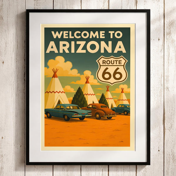 Vintage Route 66 Arizona Travel Poster, Wigwam Motel Teepee Cabins Illustration