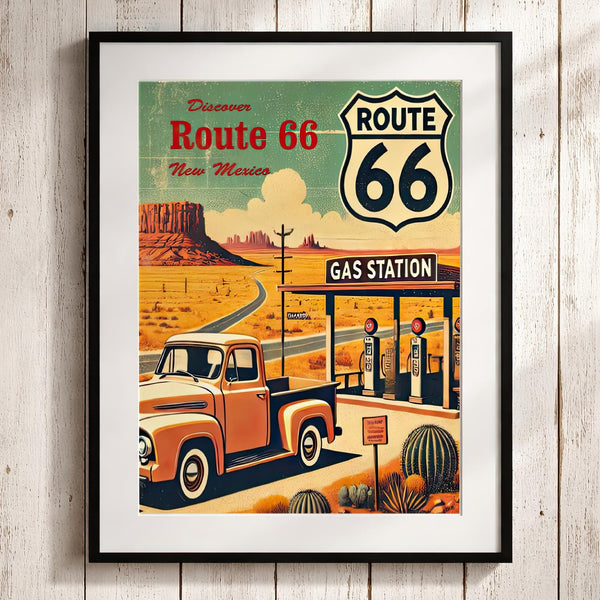 Route 66 Travel Poster: Vintage Ford Truck, New Mexico Desert Art