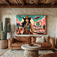 Cowgirl Wall Art, Pink Alien Print, Retro Sci Fi Western Decor, Vintage Desert Poster, Route 66 Illustration Art, 1950s style Print