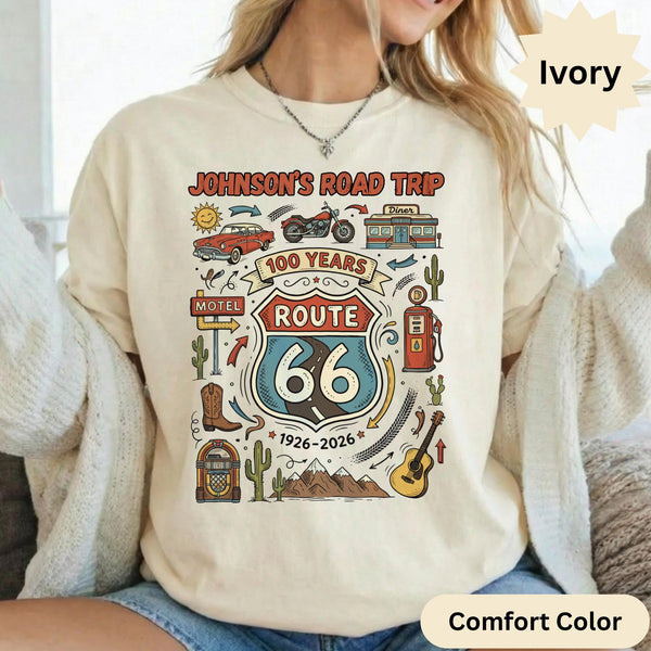 Custom Name Route 66 T-Shirts: Retro Road Trip Centenary, Classic Car Motorcycle Diner