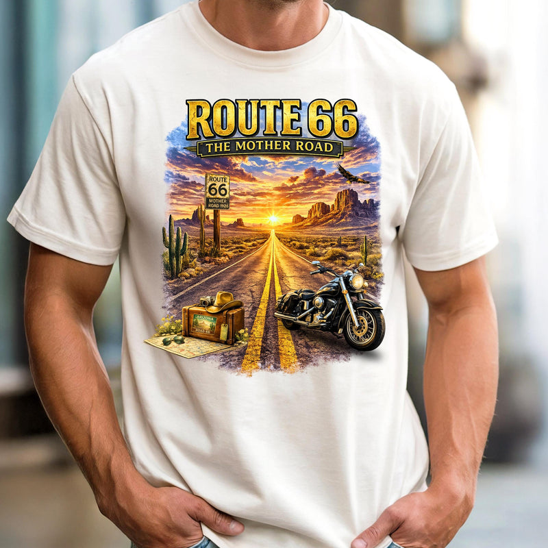 Route 66 Graphic Tee, Vintage Motorcycle Desert Road Trip Shirt