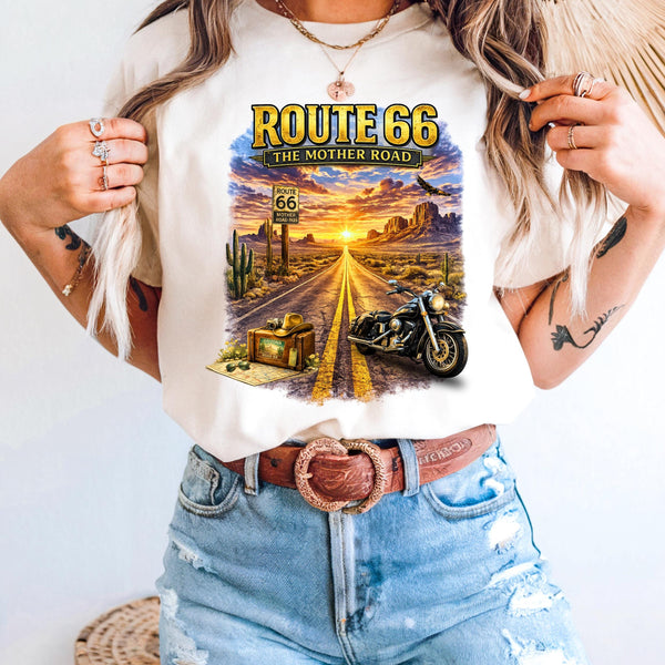 Route 66 Graphic Tee, Vintage Motorcycle Desert Road Trip Shirt