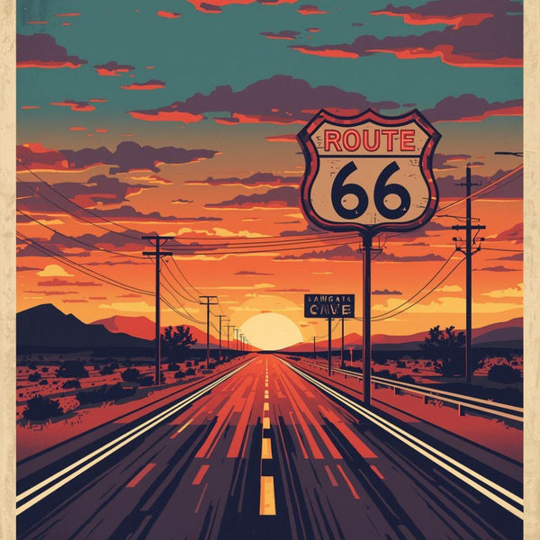 Route 66 Sunset Wall Art Print, Vintage American Highway Poster
