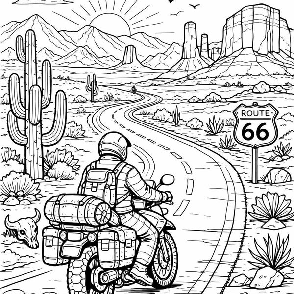 Route 66 Motorcycle Coloring Page Printable, Desert Road Trip Adventure, Travel Coloring Sheet, Instant Download, Motorcycle PDF Printable