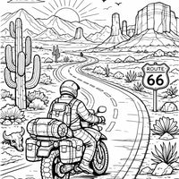 Route 66 Motorcycle Coloring Page Printable, Desert Road Trip Adventure, Travel Coloring Sheet, Instant Download, Motorcycle PDF Printable