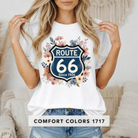Route 66 Floral Shield T-Shirt Vintage Highway Sign Tee Road Trip Gift for her