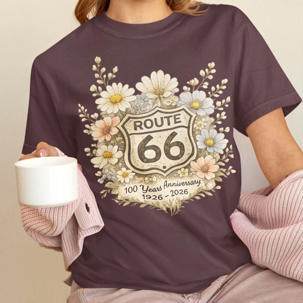 Route 66 Floral Shield 100 Years Anniversary T-Shirt, 1926-2026 Mother Road Centennial Tee, Vintage Retro Highway Travel Sweatshirt