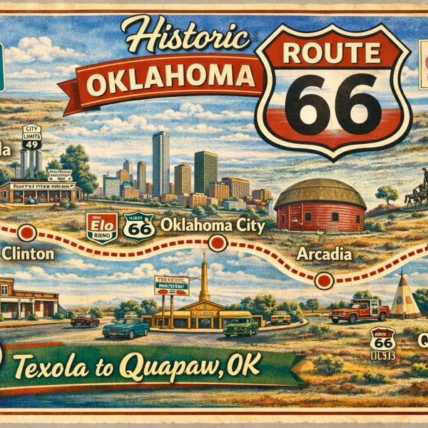 Historic Route 66 Oklahoma Map, Texola to Quapaw Vintage Travel Art (Digital Download)